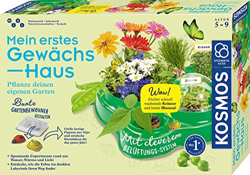 Kosmos 632083 Mein erstes Gewächshaus, Das Original, Erstes Gärtnern für Kinder ab 5 Jahre, Komplett-Set mit Samen, Erde usw. Experimentierkasten zu Garten, Pflanzen, Blumen, Biologie