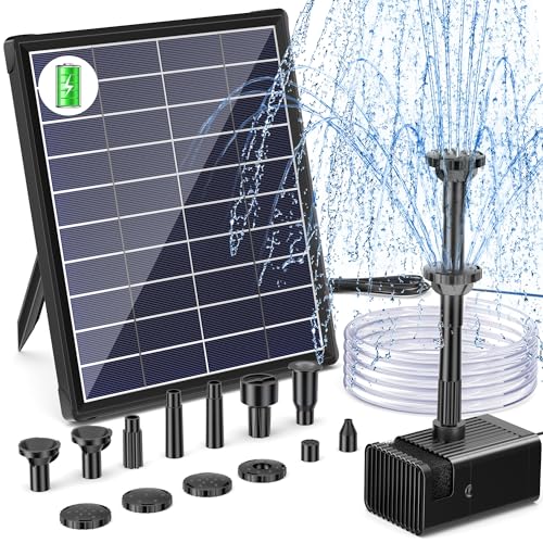 Biling Solar Brunnenpumpen 6W 3000 mAh Batterie, Solar-Teichpumpe, Solar Wasserpumpe Springbrunnen, schwimmende Fontäne, Pumpe mit 10 Fontänenstilen für Garten,Wasserspiele,Vogel-Bad