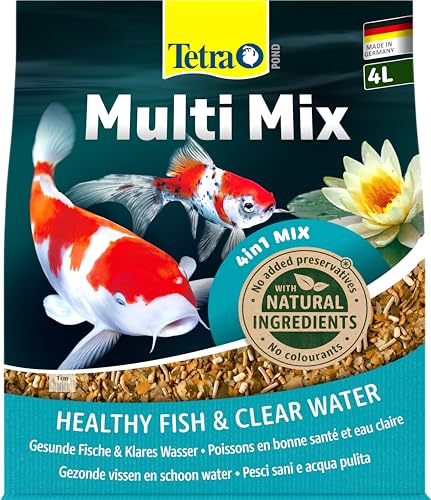Tetra Pond Multi Mix - Fischfutter für gemischten Besatz im Teich, enthält vier verschiedenen Futtersorten (Flockenfutter, Futtersticks, Gammarus, Wafer), 4 L Beutel