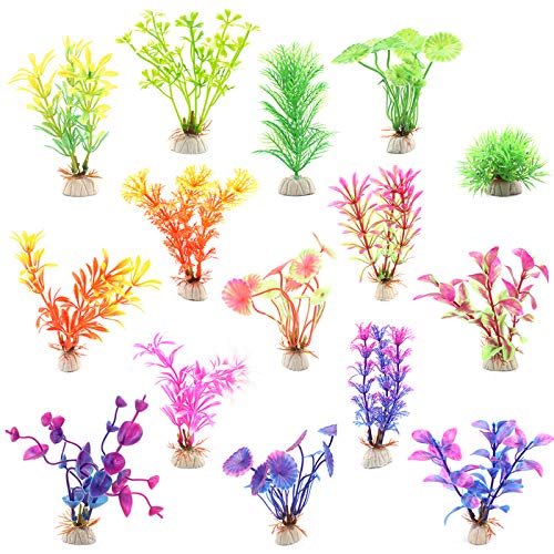 Huayue 15 Stück Aquarienpflanzen, Dekoration, Kunststoffpflanzen, Aquarium, künstliche Zierpflanzen für Aquarium, Wasserpflanze, Kunststoff, mit verschiedenen Größen, Farben und Formen