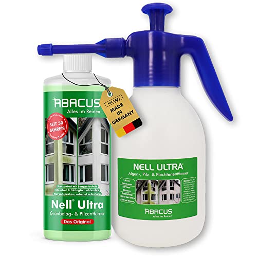 ABACUS® Nell Ultra Grünbelagentferner & Algenentferner Set, extrem stark! Entfernt Grünbelag & Algen selbsttätig mit Langzeitschutz – Algen- & Grünbelagentferner 1000ml mit Sprühflasche – Set XS