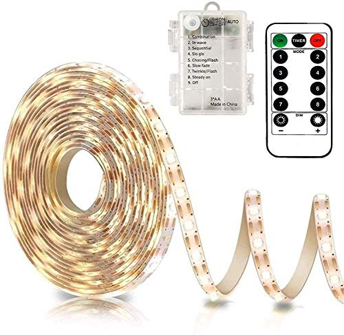 CCILAND LED Streifen Batterie, 3 Meter 90 LED Klebe Streifen mit 8 Modi Timer Fernbedienung, Dimmbar LED Strip Batteriebetrieben Schneidbar für Deko (Warmweiß)