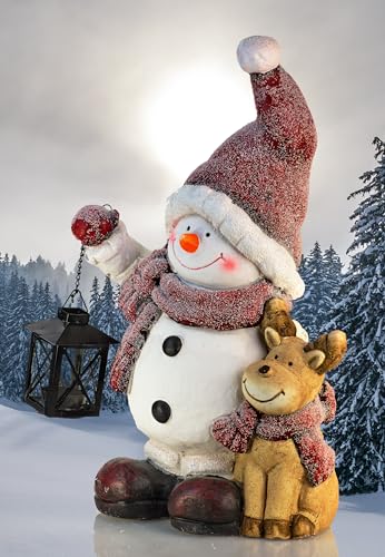 Schneemann Johannes mit Rentier Max - Winterdeko Figur mit Teelicht Laterne 43cm