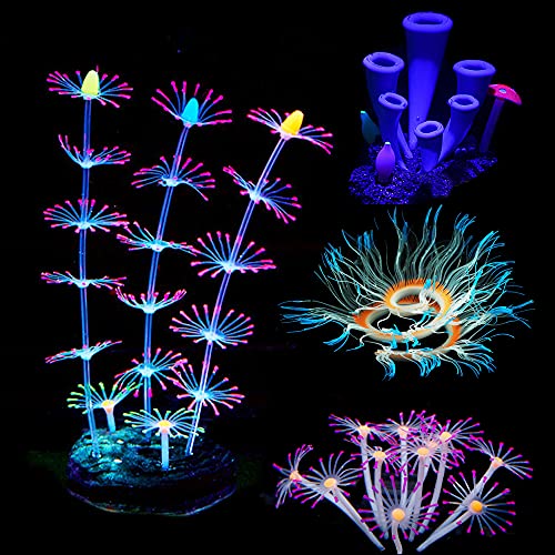 Cayway 4 Stück Künstliche Aquarium Pflanzen, Aquarium Pflanzen Künstlich Glühen mit Simulation Silikonkoralle, Künstliche Hornkoralle, Künstliche Seeanemone für Aquarium, Aquarium Landschaft