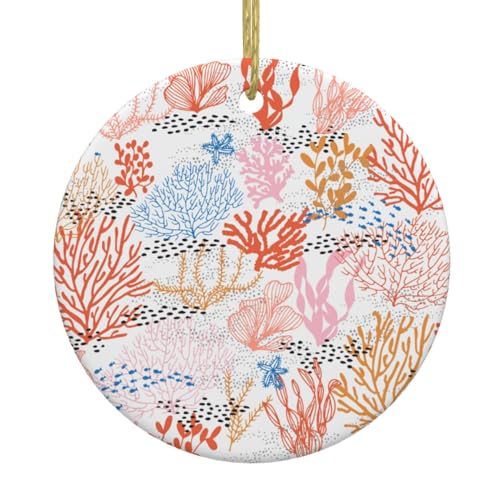 Korallenriff-Druck-Weihnachtsbaum-Keramik-hängende Ornamente, runde Keramikdekorationen, für Zuhause, Weihnachten