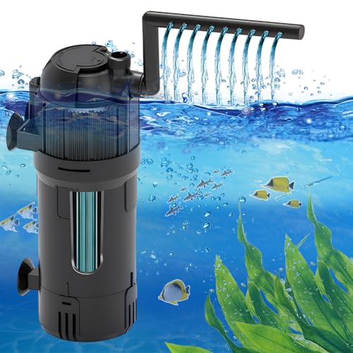 Silkwish 400L/H Innenfilter Aquarium,4W Aquarium Pumpe mit Filter mit 3W UVC Lampe und Timer Einstellbarer,Aquarium Filter Schwammfilter für kleine Aquarien, Schildkrötenbecken,Tan