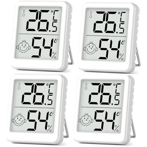 PAIRIER luftfeuchtigkeitsmesser Thermometer Innen 4 Stück Digitales Mini LCD Thermometer Hygrometer mit Smiley-Indikator Gauge für Babyzimmer Seniorenzimmer Arbeitszimmer Weinkeller usw