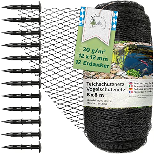 TTL Garden 8x8m Teichnetz Vogelschutznetz schwarz 30g/m² - 12x12mm engmaschig Starkes HDPE Poolnetz Obstbaumnetz Gartennetz, Vogelabwehr Netz, reißfest dehnbar robust mit 12 Bodenanker