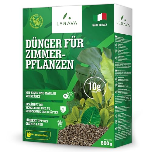 LERAVA® Dünger Zimmerpflanzen - 800g - Grünpflanzendünger mit Eisen und Manganzusatz gegen Vergilbung und Blatttrockenheit - Pflanzendünger für üppiges grünes Laub - 100% Made in Italy