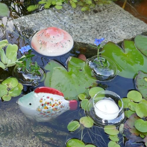 Storm's Gartenzaubereien Miniteich Set Schwimmlinse und Schwimmfisch in rot mit Blütenringen und Teelichtschale