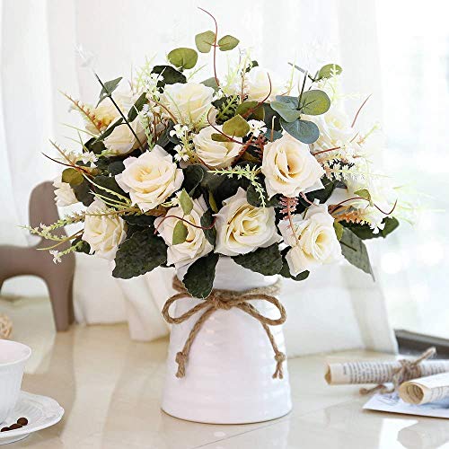 LESING Künstliche Blumen in Vase Seidenrosen with Vasen Blumesträuße mit Keramikvase für Dekoration(Champagner)