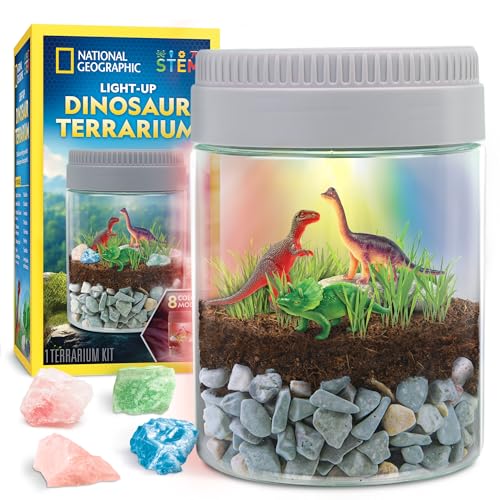 NATIONAL Geographic Dinosaurier-Terrarium-Set für Kinder – Mehrfarbig beleuchtetes Terrarium-Set, Dinosaurier-Habitat mit echten Pflanzen Bauen, Wissenschaftsset, Dinosaurierspielzeug für Kinder