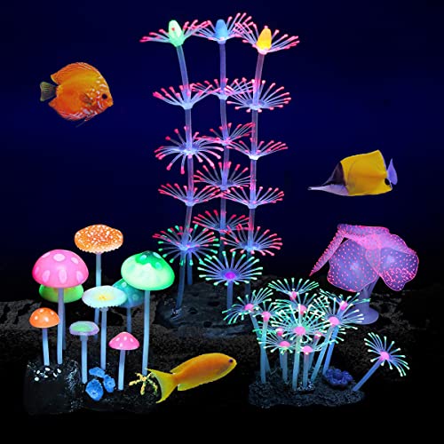 Podazz 4er künstliche Wasserpflanzen Set glühende Aquarium Silikon Pflanzen Koralle, Anemone Aquariumpflanze Aquarium Dekoration für Aquarium Landschaft Pilz (4-teilig)