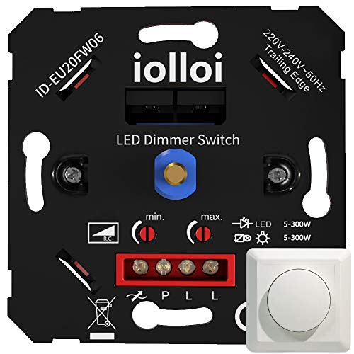 iolloi Dimmschalter, LED Dimmer Schalter Unterputzdosen Drehdimmer für Dimmbare LED/Halogen-Leuchtmittel, Dimmer für LED Lampen, 230V, 5–300W (Mit Abdeckung & Mit Klemmkrallen, LED 300W)