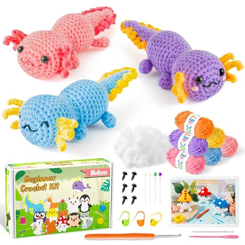 WATINC 20 Stück Häkelset für Anfänger Axolotl Komplett Häkelpaket Set Starter Häkelpacket mit Anleitung und Video Strickzubehör Häkel Set für Anfänger DIY Handwerk Geschenk für Erwachsene Kinder