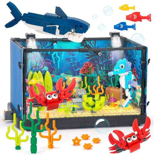 HIGH GODO Aquarium Baustein Set, 648 Teil Fischen Tank Klemmbausteine Bausatz mit Beweglichem Hai und LED Licht, Ideen Geschenk Bauspielzeug für Kinder