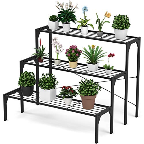 COSTWAY 3-stufige Metall Blumentreppe, Blumenregal Pflanzenständer Pflanzenregal, Pflanzentreppe Pflanzentöpfe, Blumenbank belastbar bis 30 kg, für Garten Balkon Indoor Outdoor, Schwarz