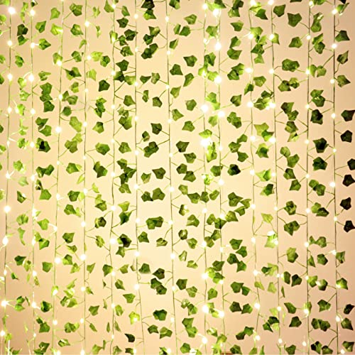 25m 12 Stück künstlicher efeu Blätter Girlande Künstlich Gefälschte Pflanzen mit 100 LEDs Lichterkette blätter für Home Garten Hochzeit Weihnachtsdekoration Gefälschte Grün Decor