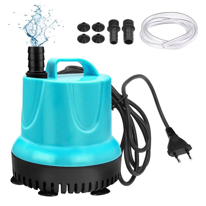 GOEDCH 25W 1200L/H Mini Wasserpumpe: Aquarium Pumpe, Sehr Leise Wasserpumpe Springbrunnenpumpe mit 2 Düse & 1m Schlauch für Aquarium, Brunnenbecken, Hydroponik, Garten(Blau)