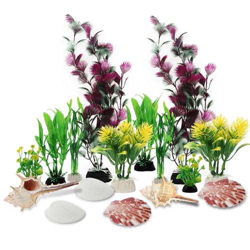 QUOZUO 16 Stück Pflanzen Aquariumdekor, Aquarium Dekoration Bunt Plastikpflanzen mit Natural Seashells, Aquarium Pflanzen fur Aquarium