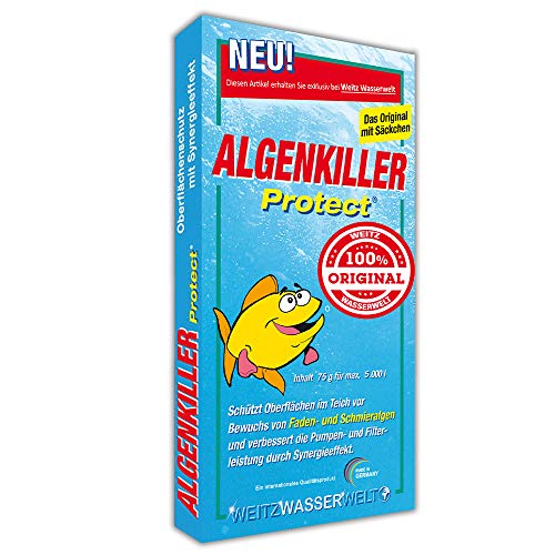 ALGENKILLER Protect® - Der Algenenferner für den Teich. Algen und Grünbelag abbau mit Synergieeffekt verbessert die Pumpen- und Filterleistung. Optimaler Oberflächenschutz mit Langzeitwirkung.