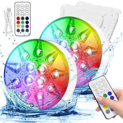 HOSPAOP Poolbeleuchtung Unterwasser LED Licht Wiederaufladbare, Wasserdichte mit RF Fernbedienung, USB, Timer, RGB 13 LEDs für Pool Whirlpool Aquarium Teich Vase Party Beleuchtung (2er)