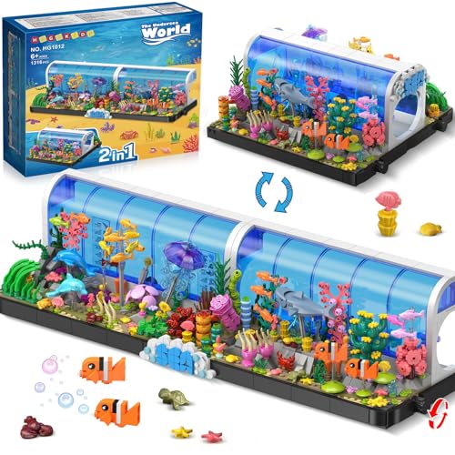 HOGOKIDS Aquarium-Bausätze – 2 Arten von Ozeanarium-Bauspielzeug für Kinder Erwachsene, schwenkbares Unterwasser-Aquarium inkl Delfinen Haien Fischen Quallen Konstruktionsgeschenk Jungen Mädchen 6–12