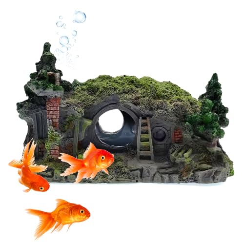 HOMURY Aquarium Deko Hobbit Castle: Aquarium Zubehör Harzhöhle, Aquarium Dekoration Höhle, Aquarium Ornament, für Fisch Tank, 16x11x10 cm