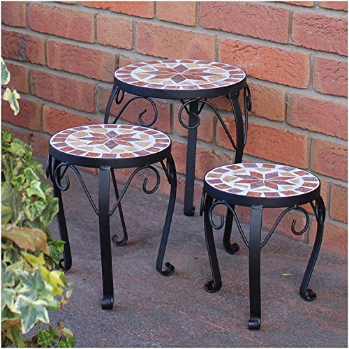 Dszapaci Blumenhocker 3er Set Mosaik rund Garten Blumenständer Metall Terrasse Pflanzenständer Keramik Pflanzenhocker (3er Set)