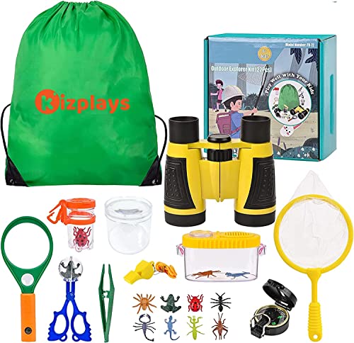 Kizplays® Forscherset für Kinder, Fernglas für Kinder 22-teiliges Entdecker set mit Insektenfänger, Kompass, Becherlupe, Mikroskop Camping, Naturerkundungen und Abenteuer Geschenk für Kinder