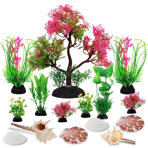 QUOZUO 15 Stück Aquarium Pflanzen Dekoration, Bunt Aquarium Kunststoffpflanzen mit Natural Seashells, Fisch Tank aquariumpflanzen