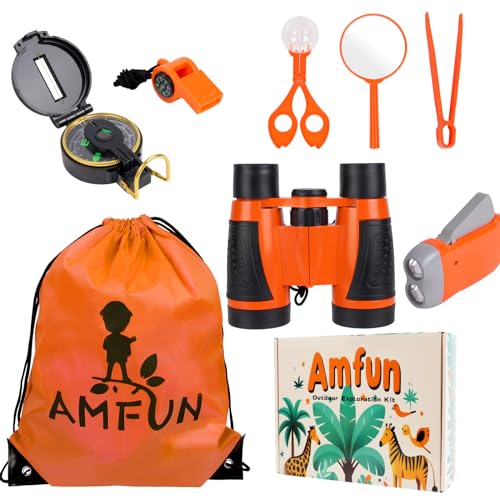 AMFUN Forscherset für Kinder, 8-Teiliges Entdecker Set, Outdoor Spielzeug Geschenk, mit Fernglas Kinder, Insektenfänger, Kompass, Becherlupe, für Jungen und Mädchen, Camping, Natur Erforschen