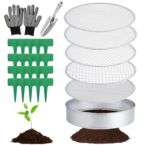 Gartensieb Rund, 5 in1 Gartensieb Edelstahl 30 cm, mit 5 Austauschbare Siebeinsätze Ø 3,6,9,10,12 mm, kompostsieb rund metall, inklusive Gartenschaufel und 20 Pflanzenetiketten 1 Paar Handschuhe.