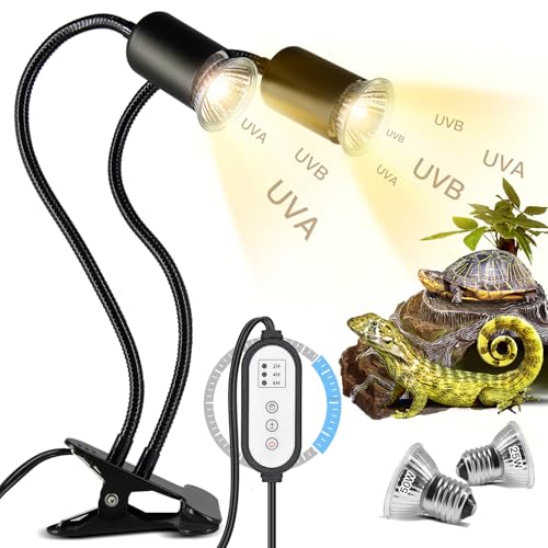 testyu Doppelende Schildkröte Wärmelampe, 25W+50W Reptilien Heizlampe E27, UVA+UVB Terrarium Wärmespotlampe mit 2 Basking Spot Glühbirnen für Eidechse, Schildkröte, Schlange, Chamäleon Usw (Schwarz)