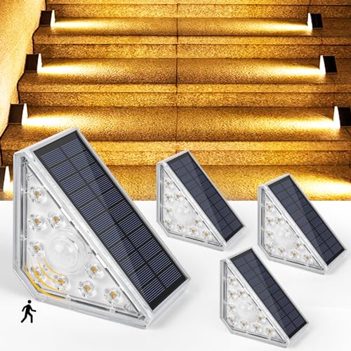 Czemo Solar Treppe Lampe Solarlampen für Außen Treppenbeleuchtung mit Bewegungsmelder 3000K Warmweiß IP67 Wasserdicht LED Stufenleuchte Solar Treppenlicht für Garten Stufen Gehweg Weg Patio,4Pcs