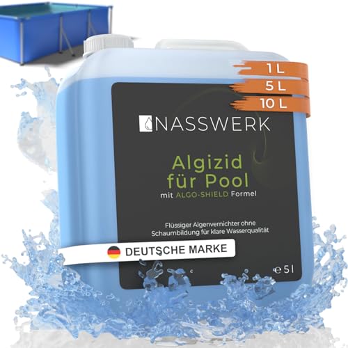 NASSWERK® Algizid für Pool flüssig 5L | Algenvernichter Pool um grünes Poolwasser klar bekommen | Poolklar Anti Algenmittel Pool & Whirlpool | Pool Algenvernichter mit Klareffekt Algezid Algenverhüter