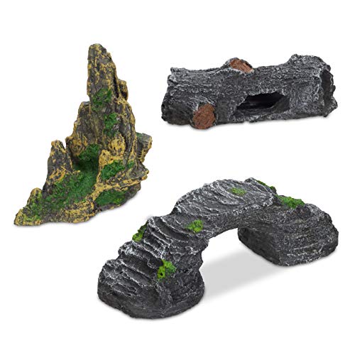 Relaxdays Aquarium Deko Set, 3-tlg., Felsen, Baumstamm Höhle, Brücke, Aquarien Zubehör, Einrichtung, aus Polyresin, grau