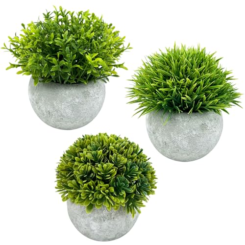 Nutabevr Set mit 3 Stück Künstliche Pflanzen mit grauen Topf, Bonsai Kunstpflanze, Künstliche Grün Gras, kleine dekorative Faux Plastik Pflanzen, für Zuhause Dekoration, Außenbereich, Büro