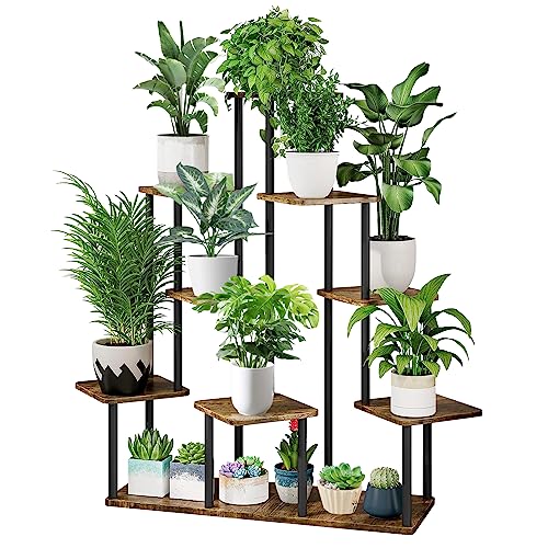 YOCOMEY 9-Tier Hölzern Blumenregal Pflanzenregal, Mehrstöckig Blumenständer Pflanzenständer Blumenbank Blumentreppe Pflanzentreppe Standregal für Innen Garten Balkon Deko(Schwarz)