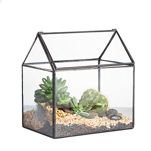 NCYP Klein Geometrisches Terrarium, 15,5x11x16 cm Handmade Pflanzencontainer, Haus-Form, Glas, schließbar, Gewächshäuschen für Sukkulenten/Farn, mit Klappdeckel (ohne Pflanzen)