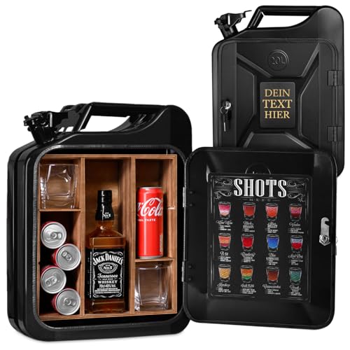 Maverton 20L Kanister Bar mit Gravur - Jerrycan 4 Herausnehmbaren Fächern schwarzer Metall Mobile Bar Geburtstagsgeschenk für Männer, Abschließbarer Minibar - Größe: 36x46x18cm