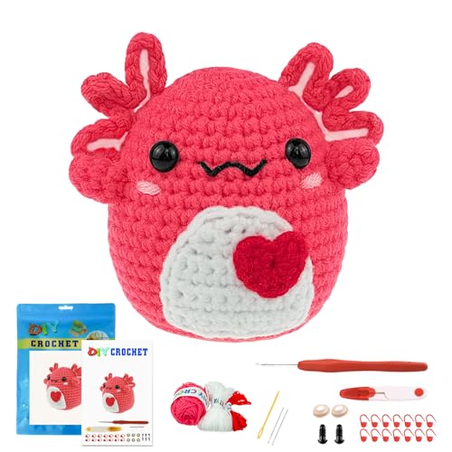 Terself Axolotl Häkelset für Anfänger: 1 x Häkeltier-Set für Kinder und Erwachsene, Häkel-Set mit schriftlichem Muster und Video-Tutorials (40 % + Garn extra), Rot Axolotl