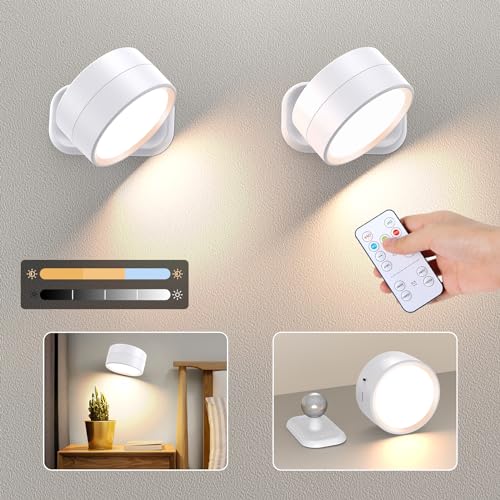 OMECO 2Pcs LED Wandleuchte Innen Akku Dimmbar mit Fernbedienung Wandlampe Ohne stromanschluss 3modi 360°Drehbare Touch Control Aufladbare Wandleuchten innen weiss rund für Schlafzimmer TreppenhausFlu