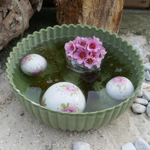 Storm's Gartenzaubereien Miniteich-Komplettset - Grüne Schale 20cm & 3 Keramik Rosenkugeln und Blütenring - Miniteich Schale, Teichkugel - Tischdeko drinnen & draußen