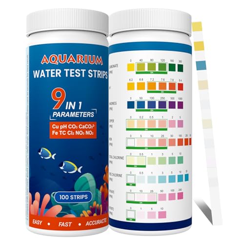 AKSBTEC Aquarium Wassertest Aquarium Teststreifen für Aquarien: 100 Stück - 9 IN 1 Wassertester Aquarium Zubehör zur Messung von pH, Wasserhärte, Chlor, Nitrit im Aquarium, Fischbecken, Teich