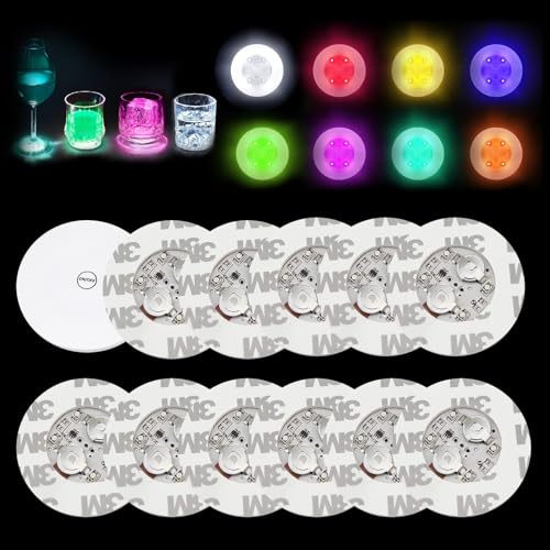 12STK LED Sticker Stimmungslichter(6 bunte 6 kaltweiße) Selbstklebende Leuchtsticker mit 4 SMD LED Austauschbarer Akku und Kleber Flaschenbeleuchtung zum unter LED Bar Untersetzer Lichter für Party