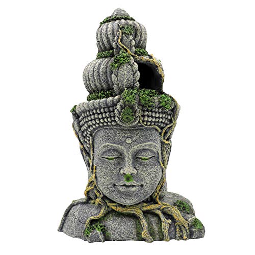 MUYIRTED Buddha Aquarium Dekoration Höhle Große Aquarium Ornamente, Grüne Moos Pflanze Bedeckt Stein Buddha Aquarium Höhle Verstecke, Aquarium Deko 27,5 x 18 x 10 cm