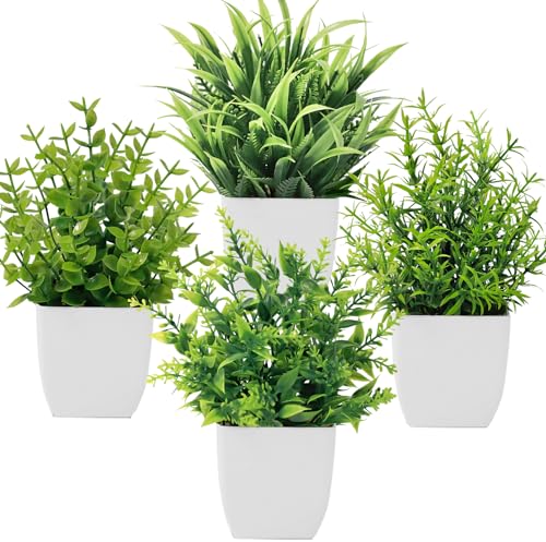 Bafenli 4 Stück Mini Künstliche Pflanzen mit Topf Kunststoff Gefälschte Pflanzen für Home Badezimmer Büro Tisch Dekor