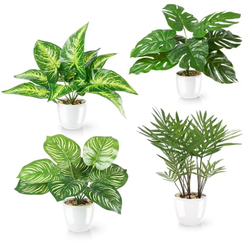 PASCH® 4er Set Tropische Kunstpflanzen wie echt (25cm) in weißen Keramiktöpfen: u.a. Monstera künstlich & Areca Kunstpalme | Künstliche Pflanzen im Topf | Fake Plant | Kunstblumen im Topf