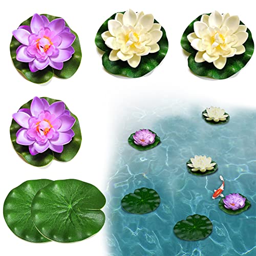 SwirlColor Lotusblüte Lotusblätter Set 6 Stück, Seerose Künstlich Schwimmendes Schaumlaub für Aquarienteichdekoration-Weiß und Lila